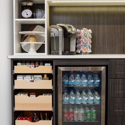 Custom Pantry Storage | Inspired Closets | No Space Wasted Beverage Center In Pantry, Mini Bar Fridge Ideas, Mini Fridge In Home Gym, Mini Fridge Pantry, Pantry Design With Mini Fridge, Pantry Beverage Fridge, Small Pantry With Mini Fridge, Mini Fridge Drink Organization, Diy Beverage Bar With Mini Fridge