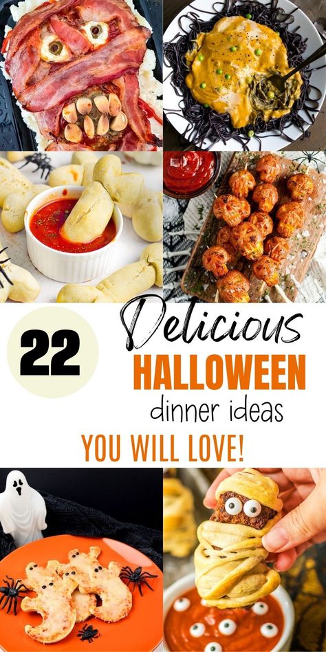 Serve up fun and frightening dishes this Halloween with simple and quick Halloween dinner ideas. From spooky entrees to hilarious Halloween food ideas, your party will be both scary and amusing! Halloween Fun Recipes, Scary Halloween Meals, Main Course For Halloween Party, Food For Halloween Party Appetizers, Halloween Dinner Entree, Halloween Noodles Food, Halloween Foods For Adults, Creative Halloween Food Ideas, Halloween Mini Quiche