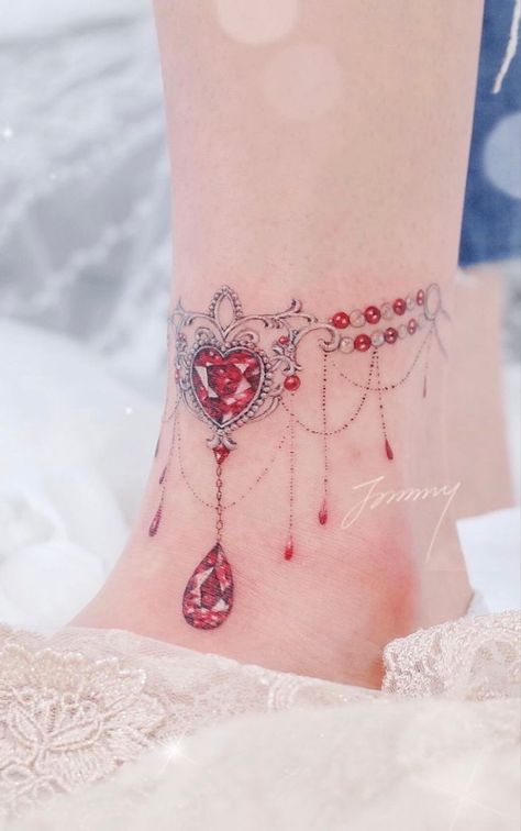 Ruby Tattoo, Anklet Tattoo, Jewelry Tattoo Designs, Stone Tattoo, Chain Tattoo, Gem Tattoo, Ankle Bracelet Tattoo, Ankle Tattoo Designs, Jewel Tattoo