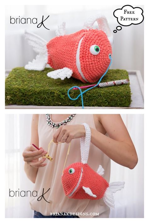 Fish Wristlet Yarn Holder Bag Free Crochet Pattern Yarn Buddy, Crochet Yarn Holder, Fish Crochet, Bag Free Crochet Pattern, Crochet Drawstring Bag, Crochet Organizer, Crochet Market, Crochet Fish, Bag Crochet Pattern