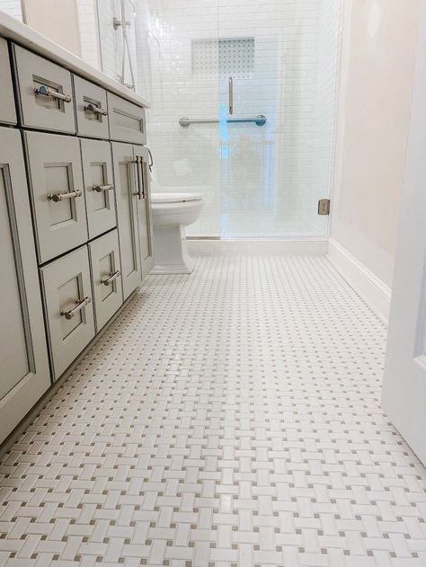 DAVIS HALL BATH COMPLETE Floor Bathroom Basket Weave Tile Floor, Basketweave Tile Bathroom Ideas, Basket Weave Marble Floor Bathroom, Blue Basketweave Tile Bathroom, Basket Weave Tile Bathroom Floor, Basketweave Tile Floor Bathroom, Bathroom With Basket Weave Tile, Jack And Jill Bathroom Renovation, Basket Weave Tile Bathroom Ideas