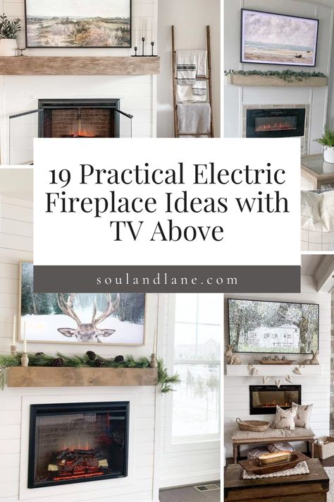 Enhance your home's coziness and style with electric fireplace ideas that seamlessly integrate a television above. This guide provides innovative and tasteful designs to help you combine these two focal points in a harmonious and space-saving way. Ideal for creating a sophisticated entertainment area that doubles as a warm gathering spot. Fireplace Mantle For Electric Fireplace, Electric Fireplace Insert Wall Ideas, Frame In Electric Fireplace, Wall Unit With Electric Fireplace And Tv, Indoor Electric Fireplace Ideas, Framed Tv On Fireplace, Tv Wall With Electric Fireplace Living Rooms, Electric Fireplace Wall With Cabinets, Electric Fireplace Mantels Ideas