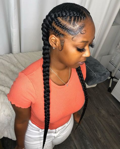 Wig Maker & Braid Slayer on Instagram: “2 Feed-In Braids with designs 😍 Another quick quarantine style using just one pack of braiding hair.” Simple 2 Braids For Black Women, 3 Big Braids For Black Women, 5 French Braids Black Hair, Hairstyles For Black Women 2 Braids, Two French Braids With Weave Black Women, Duchess Braids Black Women, Black Women Two Braids Hairstyles, Two Cornrows Braids For Black Women Natural Hair, Braided French Braids Black Hair