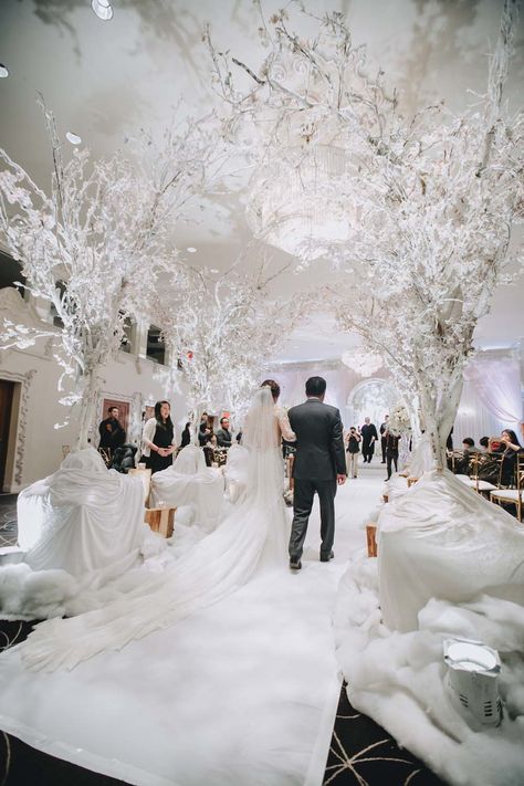 A Lavish, Winter Wonderland Themed Wedding in Vancouver | Weddingbells White Christmas Tree Wedding Decor, Wedding In Winter Ideas, Wedding Theme Winter, Winter Theme Wedding, Winter Wonderland Wedding Decorations, White Christmas Wedding, Wonderland Wedding Decorations, Winter White Wedding, Winter Themed Wedding