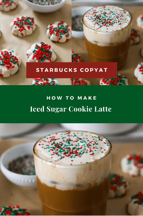 Iced Sugar Cookie Latte Starbucks, Sugar Cookie Cold Foam, Sugar Cookie Oat Latte Starbucks, Sugar Cookie Coffee Syrup, Sugar Cookie Syrup For Coffee, Christmas Latte Recipes, Sugar Cookie Starbucks Drink, Starbucks Sugar Cookie Syrup, Christmas Lattes