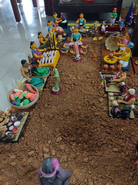 Village Decoration Ideas For Ganpati, Golu Doll Ideas And Themes, Kolu Decoration Ideas, Golu Decoration Ideas Diy, Navratri Golu Decoration Ideas, Golu Decoration Ideas, Bommala Koluvu, Wedding Centerpieces Diy Rustic, Golu Dolls