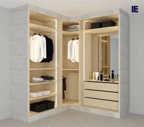 L Shaped Cupboard Designs Bedroom, L Shape Wardrobe Design With Dressing, Fitted Corner Wardrobe Ideas, Dresser With Wardrobe Design, Small L Shaped Wardrobe, Bedroom Built In Wardrobe Corner, Book Wardrobe Design, U Shaped Dressing Room, Corner Wardrobe And Dressing Table