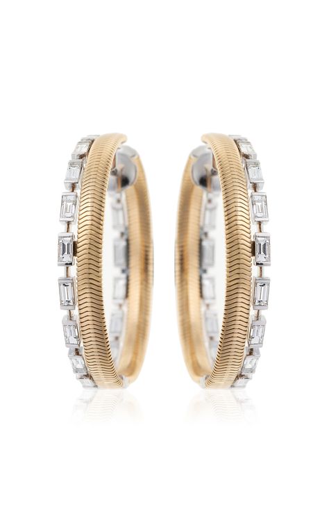 18K Yellow & White Gold Feelings Hoops by NIKOS KOULIS for Preorder on Moda Operandi Nikos Koulis, Luxury Retail, Global Fashion, Accessories Earrings, Moda Operandi, Daily Fashion, Diamond White, Ear Piercings, Fashion Collection