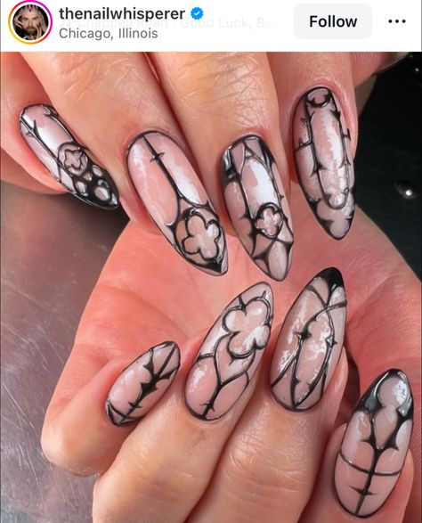 Asymmetric Nail Designs, Spooky Oval Nails, The Love Witch Nails, Natural Goth Nails, Spooky Nail Designs Almond, Fun Nail Designs Creative Simple, Gothic Rose Nails, Angel Themed Nails, Incredible Nail Art