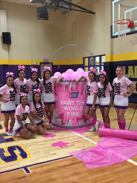 Barbie Pep Rally Theme, Cheerleader Spirit Ideas, Cheer Pink Out Ideas, Pink Student Section, Pink Out Cheerleaders, Pink Out Hallway School, Barbie Pep Rally, Pink Out Ideas Spirit Week, Pep Rally Game Ideas High Schools