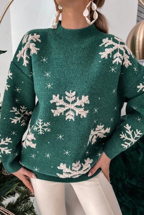 $11.32 Blackish Green Christmas Snowflake Mock Neck Sweater Wholesale Christmas Sweaters For Women, Women Sweaters Winter, Estilo Chic, Top Streetwear, Collar Sweater, Knitting Women Sweater, Women Sleeve, Mock Neck Sweater, Green Sweater