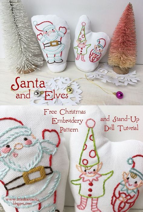 Stitch up these adorable Santa and Elves stand up dolls with the free embroidery patterns and tutorial at littledeartracks.blogspot.com #christmasdiy #christmasdecorations #christmascrafts #freeembroiderypattern Santa Embroidery Design, Marshmallow Cheesecake, Embroidery Santa, Primitive Stitchery, Free Embroidery Patterns, Christmas Embroidery Patterns, Crafts Sewing Patterns, Christmas Applique, Embroidery Stitch