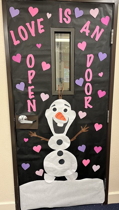 olaf, winter, classroom door, teacher, love is an open door Olaf Christmas Door, Olaf Classroom Door, Winter Classroom Door Ideas, Valentines Door Decorations, Frozen Classroom, Valentines Door Decorations Classroom, Valentines Classroom Door, Preschool Door Decorations, Winter Classroom Door