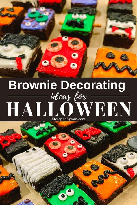 Brownie Decorating Ideas for Halloween {Halloween Brownie Ideas That Are Cute & Spooky!} Easy Halloween brownie ideas worth bookmarking for years to come! In this post, you will learn how to decorate Frankenstein, mummy, bat, pumpkin, Dracula, and more for your next Halloween bash. These brownies are made from a brownie mix and a Wilton icing set. Halloween Brownies Decoration, Halloween Brownie Decorations, Monster Brownies Halloween, Halloween Brownies Ideas Easy, Halloween Brownies Ideas, Brownie Decorating Ideas, Brownies For Halloween, Decorating Ideas For Halloween, Mummy Brownies