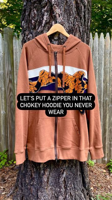 Patty Moonbeam on Instagram: "I used to have a handful of hoodies that would choke me so I never wore them but I added zippers and I get a lot more wear out of them now. So, I thought this would be a fun sewing tutorial to help you get some unworn things back in rotation. All my pullovers have zippers now lol but I found this hoodie at Goodwill for $3.50! I added a little towel scrap appliqué to it to jazz it up a little and it’s a lot cuter now. I gifted this to my mom bc she saw it and lov Hoodie Transformation Diy, Upcycle Clothes Diy, Diy Sweatshirt, To My Mom, College Hoodies, Clothes Diy, Sweatshirt Zipper, Sustainable Clothing, Upcycle Clothes