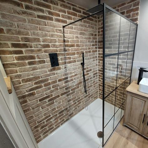 Brick Tile Shower, Brick Bathroom, Brick Slip, Brick Slips, Bathroom Transformation, Brown Brick, Kitchen Fireplace, Tile Companies, Rustic Bathrooms