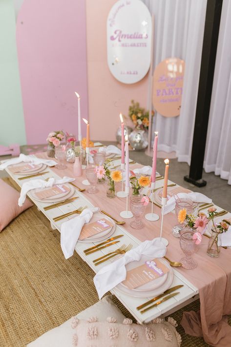 Bachelorette Party Pastel Colors, Bachelorette Brunch Table Setting, Pink Engagement Party Decorations, Pastel Hen Party, Pink 30th Birthday Party Decorations, Pastel Pink Bachelorette Party, Pastel Bridal Shower Theme, Hen Do Afternoon Tea, Feminine Bachelorette Party