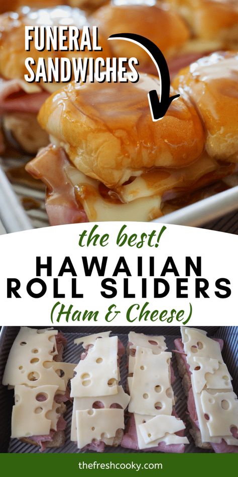 Best Baked Funeral Sandwiches (Ham and Cheese Sliders) • The Fresh Cooky Best Ham And Cheese Sliders, Holiday Baking Thanksgiving, Hawaiian Ham, Roll Sliders, Ham Cheese Sliders, Ham Sliders, Hawaiian Roll Sliders, Ham And Cheese Sliders, Hawaiian Roll