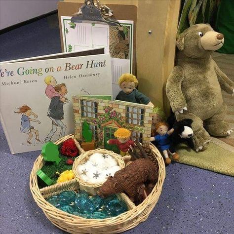 Eyfs Story Baskets, Story Boxes Preschool, Story Telling Basket, Story Sack Ideas Eyfs, Story Tables Preschool, Story Baskets Ideas, Story Baskets For Preschool, Story Baskets For Toddlers, We’re Going On A Bear Hunt Activities