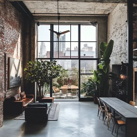 Industrial vibes and urban edge collide in this loft-like dream. Exposed brick, metal accents, and concrete flooring create a raw, authentic feel, while large windows flood the space with natural light. Open layout, minimalist decor, and a rooftop terrace complete this urban oasis. #industrialchic #loftliving #exposedbrick #metalaccents #concretejungle #urbanstyle #openconcept #rooftopvibes #minimalistdecor Brick Wall Office, Concrete Loft, Layout Minimalist, Industrial Windows, Alternative Living, Office Aesthetic, Concrete Flooring, Industrial Style Decor, Tall Windows