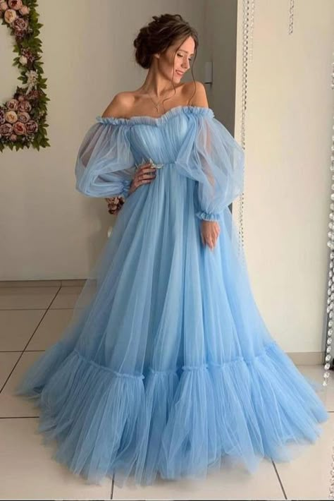 Blue Tulle Prom Dress, Tulle Prom Dress Long, Prom Dresses Elegant, 파티 드레스, Tulle Evening Dress, Long Sleeve Prom, Blue Wedding Dresses, A Line Prom Dresses, Prom Dresses With Sleeves