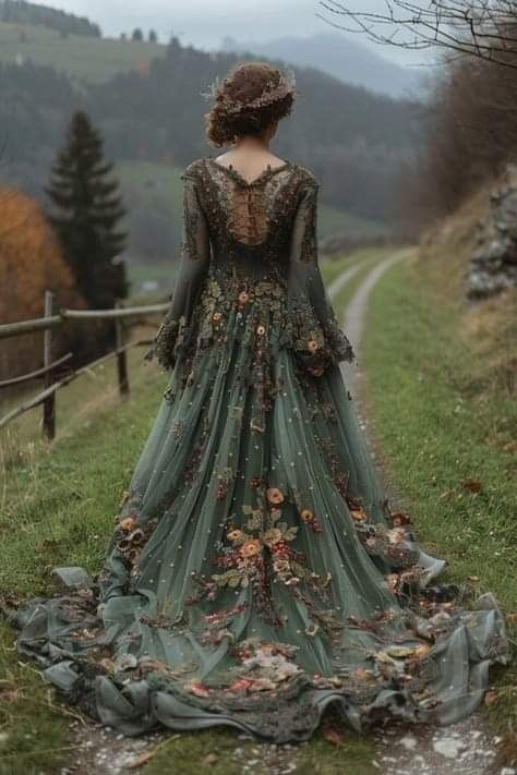 Forest Dresses Aesthetic, Wedding Dress With Green Leaves, Fantasy Forest Dress, Woodland Fairy Princess Wedding Dress, Fairytale Wedding Dress Green, High Fae Dress, Mushroom Wedding Dress, Whimsical Dress Fairy Tales, Whimsical Forest Wedding Dress