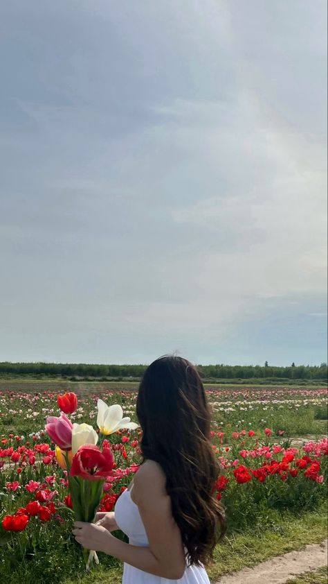 Flower Farm Pose Ideas, Tulip Picking Aesthetic, Poses For Tulip Garden, Tulip Garden Poses, Tulip Field Photo Ideas, Tulip Farm Poses, Tulip Instagram Picture, Tulips Field Photoshoot, Flower Farm Poses