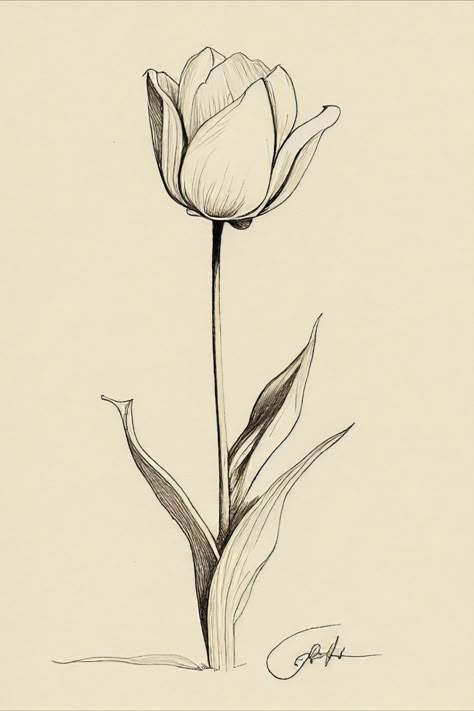 Tulip Sketch, Tulip Flower Drawing, Flower Tattoo Stencils, Tulip Drawing, Easter Drawings, Pencil Drawings Of Flowers, Pencil Sketch Drawing, Afrique Art, Tulip Painting