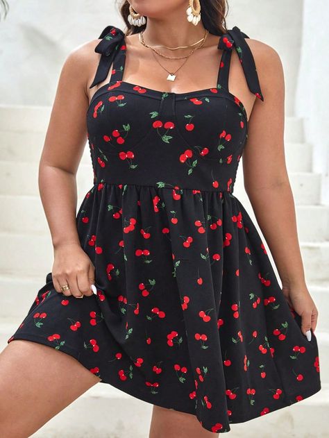 Black Casual Collar Sleeveless Knitted Fabric Fruit&Vegetable,All Over Print Cami Embellished Medium Stretch  Women Plus Clothing Plus Size Sundress, 18th Bday, Cherry Print, Black Casual, Plus Clothing, Plus Size Dresses, Sundress, Knitted Fabric, Cherry