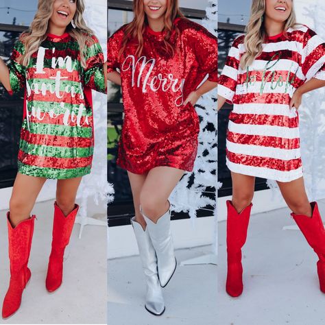 Xmas Women Outfit, Ugly Christmas Outfit Ideas, Merry And Bright Christmas Outfit, Grinch Inspired Outfit Women, Matching Christmas Outfits Friends, Christmas Concert Outfit Ideas, Christmas Sequin Outfit, Christmas Parade Outfit Ideas, Mariah Carey Christmas Concert Outfit