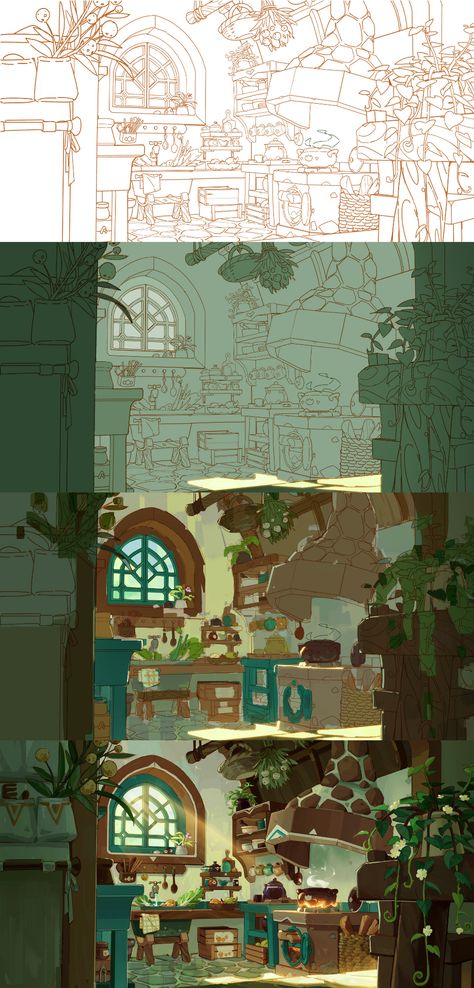 Environment Interior Concept Art, Visual Development Interior, Watercolor Environment Art, Concept Background Art, Kitchen Background Design, Painting Study Reference, Background Study Reference, Environment Design Concept Art, Art Studio Illustration