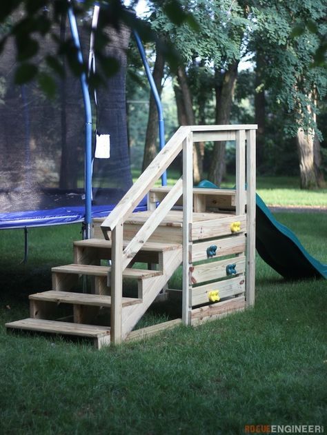 Trampoline Stairs with Slide - Free and Easy DIY Plans  | rogueengineer.com #TrampolineStairs #babyandchildDIYplans Stairs With Slide, Trampoline Stairs, Stair Slide, Backyard Trampoline, Diy Playground, Outdoor Play Area, Kids Outdoor Play, Diy Pool, Backyard Playground