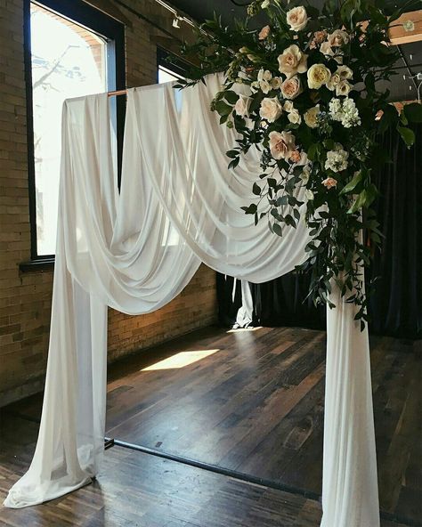 Wedding Ceremony Backdrop Indoor, White Drapery, Wedding Arbors, Arch Ideas, Greenery Wedding Decor, Rustic Wedding Decorations, Wedding Ceremony Ideas, Indoor Wedding Ceremonies, Centerpieces Diy