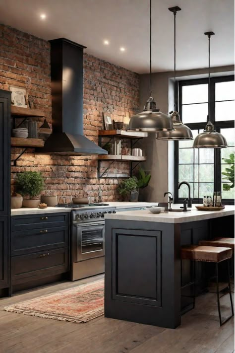 A mid-century modern kitchen with wood veneer cabinets and bold accent colors Moody Kitchen With Brick, Old Chicago Brick Backsplash, Black Cabinets Brick Backsplash, Brick Slip Kitchen, City Kitchen Aesthetic, Faux Brick Wall In Kitchen, Dark Industrial Kitchen, Kitchen With Dark Walls, Dark Farmhouse Interior