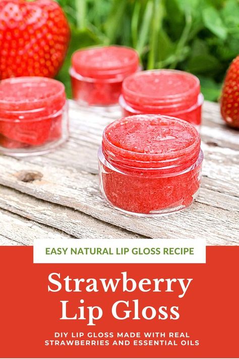 Make your own natural lip gloss at home! Made with freeze dried strawberries, a few moisturizing ingredients and a touch of orange essential oil, this fruity lip gloss is fun to create! A perfect summer craft or to give as a gift or favor. Lip Gloss At Home, Strawberry Lip Gloss, Lip Gloss Recipe, Natural Lip Gloss, Essential Oils For Pain, Diy Lip Gloss, Summer Craft, Freeze Dried Strawberries, Diy Lips