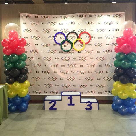 Special Olympics Decorations, Olympic Games Party Ideas, Olympic Games Themed Party, Olympics Themed Parade Float, Olympic Vbs Theme, Olympic Podium Diy, Olympics Party Theme, Olympic Themed Birthday Party, Olympic Theme Birthday Party For Kids