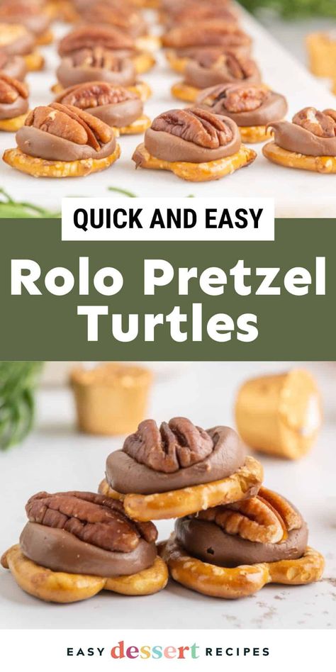 These pretzel and Rolo turtles are some of the easiest treats you can make for the holiday season! Salty, sweet, and nutty! Peanut Butter Pretzel Bites Recipes, Roll Pretzel Candy, Peanut Butter Stuffed Pretzels, Pretzel And Rolo Turtles, Roll Pretzel Turtles, Rolo Turtle Pretzels, Pretzel Treats Easy, Pretzel And Rolo Treats, Rolo Pretzels Christmas