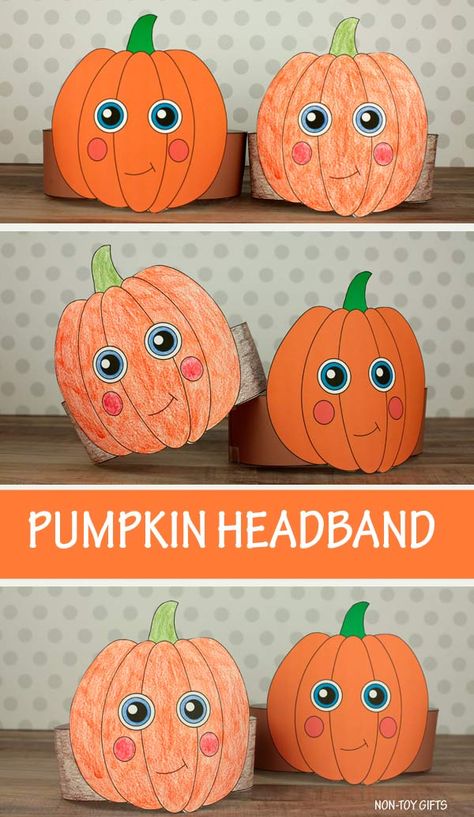 Pumpkin Hat Craft Preschool, Build Your Own Pumpkin Craft, Fall Headband Craft Preschool, Halloween Hat Crafts Preschool, Fall Flower Crafts For Kids, Halloween Hat Craft For Kids, Pumpkin Craft Idea, Simple Pumpkin Craft, Halloween Pumpkin Crafts For Kids