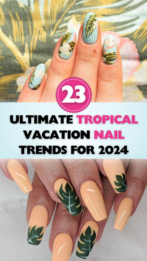 Stay ahead of the curve with over 23 tropical vacation nail trends set to dominate 2024. From minimalist designs to elaborate art, find the trend that speaks to your soul and vacation style. Tropical Nails Long, Palm Leaf Nail Design, Classy Tropical Nails, Nails For Tropical Vacation Beach, Nail Colors For Hawaii Vacation, Tropical Manicure Ideas, Easy Tropical Nails, Palm Nails Tropical, Tropical Wedding Nails For Bride