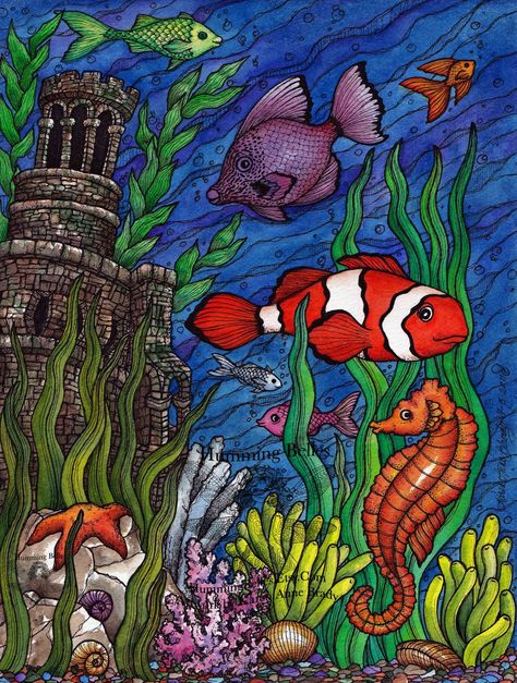 ....."Humming Belles".....: New! Undersea Illustrations and Coloring Pages Life Under Water Drawing, Under The Sea Drawings, Sea Drawing, Illustration Art Nouveau, Owl Coloring Pages, Underwater Painting, Abstract Coloring Pages, Underwater Scene, Sea Life Art