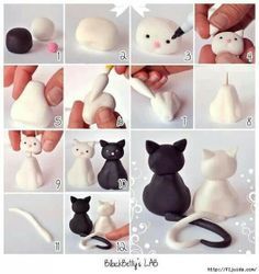 Cat wedding topper fondant tutorial It might be fondant but I'm sure you can make it with polymer clay too =D Fondant Tutorial, Cat Fondant, Fondant Cat, Flori Fondant, Clay Cats, Fondant Animals, Tanah Liat, Cat Cake, Polymer Clay Animals