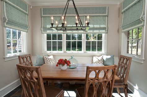 Style Up Your Home This Summer With Cool Roman Shades Transitional Breakfast Area, Bay Window Roman Shades, Breakfast Nook Window, Breakfast Nook Ideas Bay Window, Breakfast Nook Curtains, Nook Window, Super Breakfast, Triple Window, Modern Window Treatments