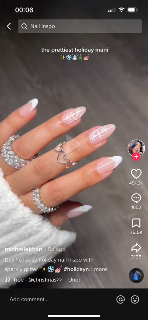 Almond French Tip Nails With Snowflake, Snowflake Almond Nails, Snowflake French Tip Nails, French Tip Acrylics, White French Tip, Snowflake Nails, Almond Acrylic Nails, Nail Idea, Christmas Nails Acrylic