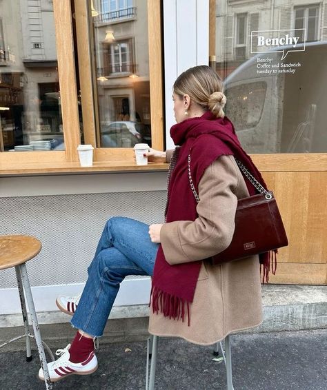 50 Trendy Cherry Red Outfits To Rock Right Now - Styleoholic Winter Effortless Outfits, Adidas Samba Office Outfit, Sporty And Rich Samba Outfit, Adidas Samba Sporty And Rich Outfit, Winter Outfits Burgundy, Red Adidas Samba Outfit, Burgundy Samba Outfit, Adidas Samba Red Outfit, Adidas Samba Sporty And Rich