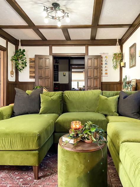 Green Velvet Sectional, Dinosaur Bingo, Olive Green Couches, Green Velvet Sofa Living Room, Green Sofa Living, Green Couch Living Room, Pan Wall, Jonathan Louis, Funky Living Rooms