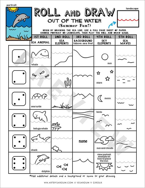 Roll A Dice Drawing Games Art, Roll A Drawing Game, Roll A Picture Dice Games, Dice Drawing Art, Roll A Drawing, Dice Drawing Games, Roll And Draw Free Printables, Fun Drawing Games, Dice Drawing