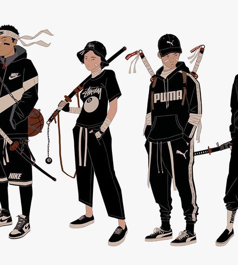 Ninja Squad Parade - Black version. Choose best 3 ⚔️. Brands x Characters. Progres Urban Samurai Character Design, Ninja Character Art, Mau Lencinas, Ninja Concept Art, Ninja Streetwear, Ninja Pose, Ninja Drawing, Street Ninja, Modern Ninja