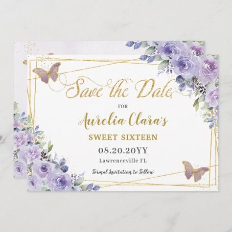 Purple Lilac Floral Quinceañera Sweet Sixteen #quinceanerasavethedatecards #rosesflowersrose #sweet16sixteen18thbirthday #16thbirthdaypartyinvitations #misquinceanos15thbirthday #pastelpurplelilacfloralflowers #gardenbutterflies #goldglittergeometricmodern #chicelegant #budgetprintededitabletemplate Purple Sweet 16, 15th Birthday Party Ideas, Purple Quince, Sweet 16 Party Invitations, Quince Invitations, Rose Gold Invitations, Quinceanera Themes, Sweet 16 Invitations, Sweet 16 Parties