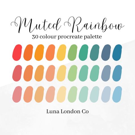 A beautiful Procreate color palette inspired by a lovely Muted Rainbow. 30 colours included! Please note that this is a DIGITAL product, no physical item will be shipped to you. To download, save the file on your iPad and then tap it to automatically add the color palette to your procreate collection. For non Procreate users, hex codes will be supplied. if you have any questions or enquiries please send me a message! Colors With Hex Codes, Muted Rainbow Color Palette, Procreate Colour Palette, Procreate Color Palettes, Procreate Palette, Muted Rainbow, Rainbow Palette, Palette Art, Color Vibe