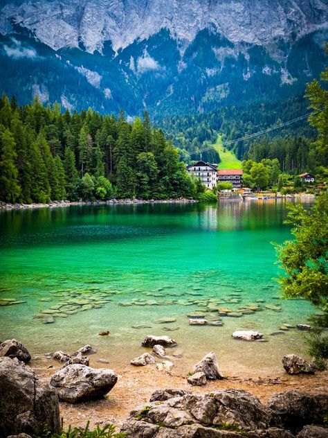 Lake Eibsee in the Bavarian Alps, directly at the bottom of the Zugspitze Lake Eibsee, European Bucket List, Bavarian Alps, Voyage Europe, Nice Things, Bavaria, Bucket List, Places To Visit, Voyage